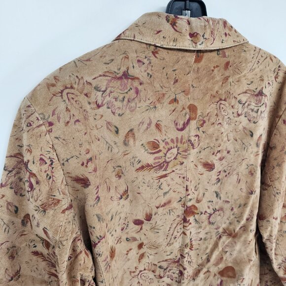 Vintage ITW Floral Print Suede Leather Jacket 12 Women's Button Down Boho Tan - Picture 6 of 8